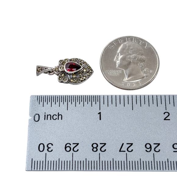 Estate Sterling Silver 925 Red Garnet Marcasite Pendant - Picture 7 of 8